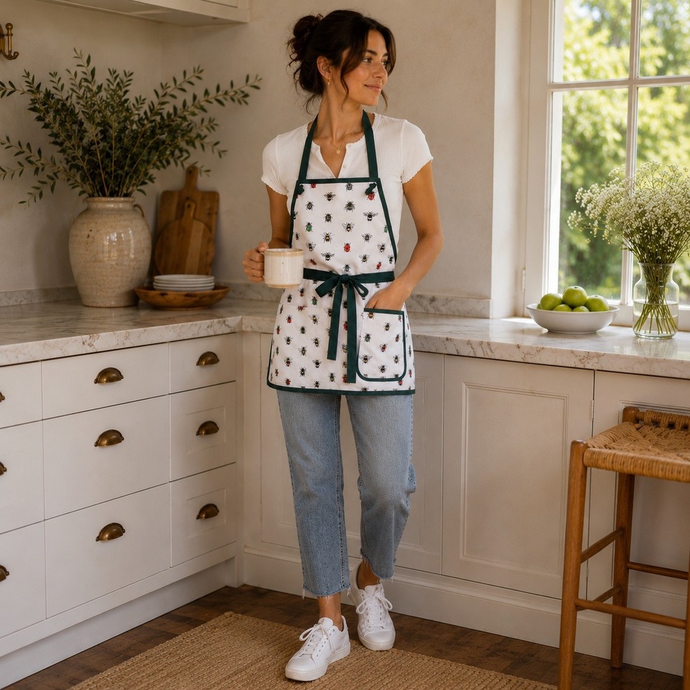 Insect Print Water Resistant Apron White Green Bee Ladybug Pockets Cottagecore